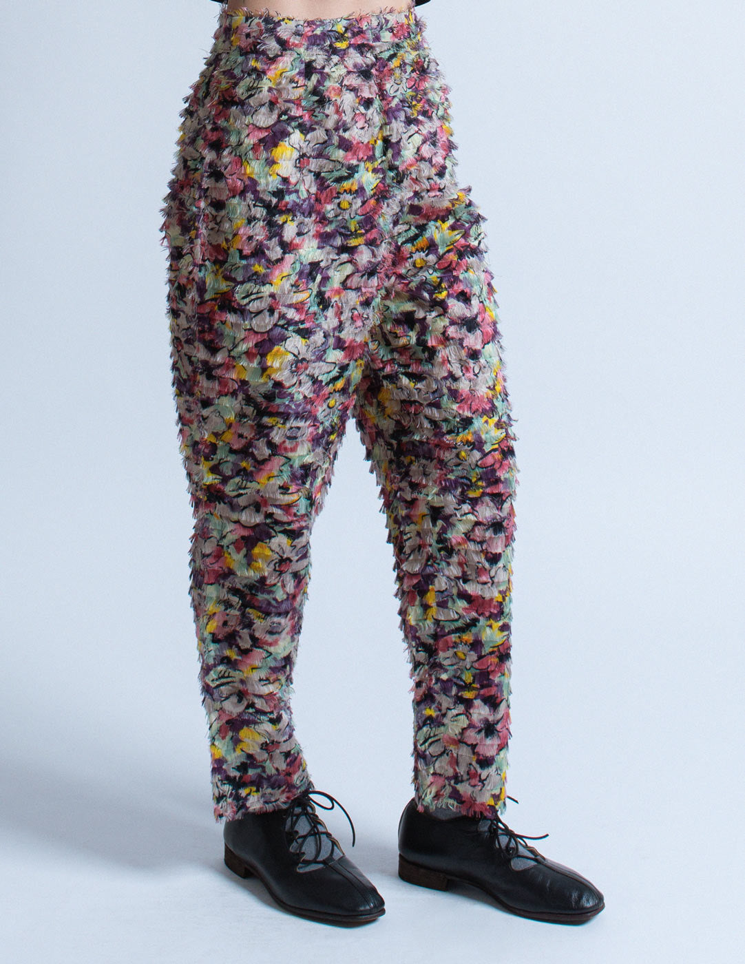 Jean Paul Gaultier vintage feathered floral trousers side detail
