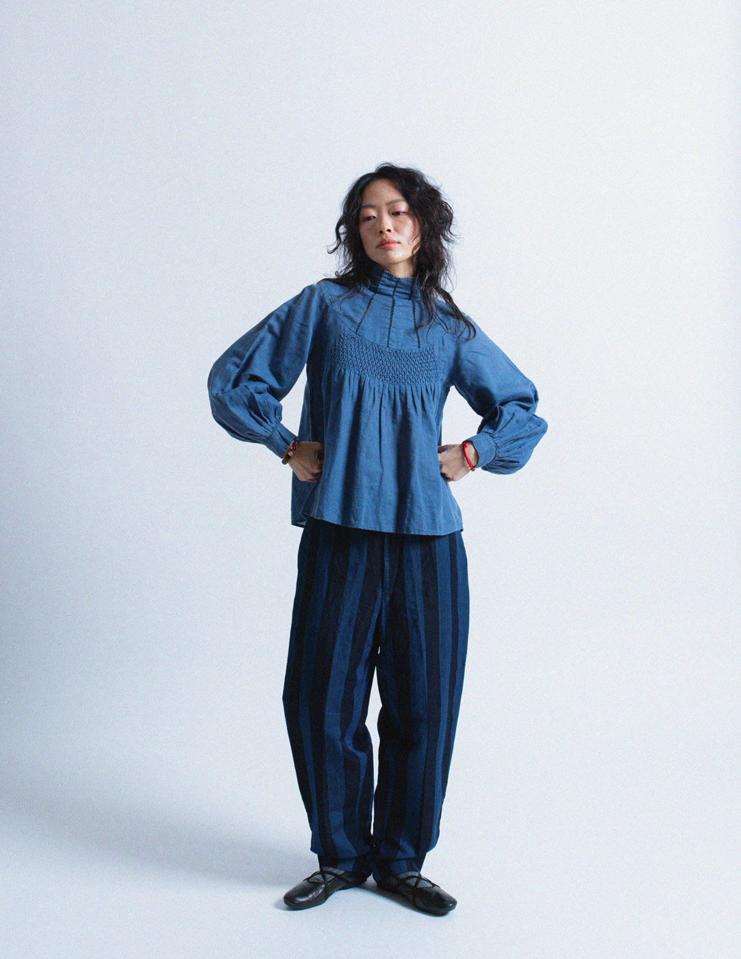 Kapital indigo blue smocked cotton linen blouse