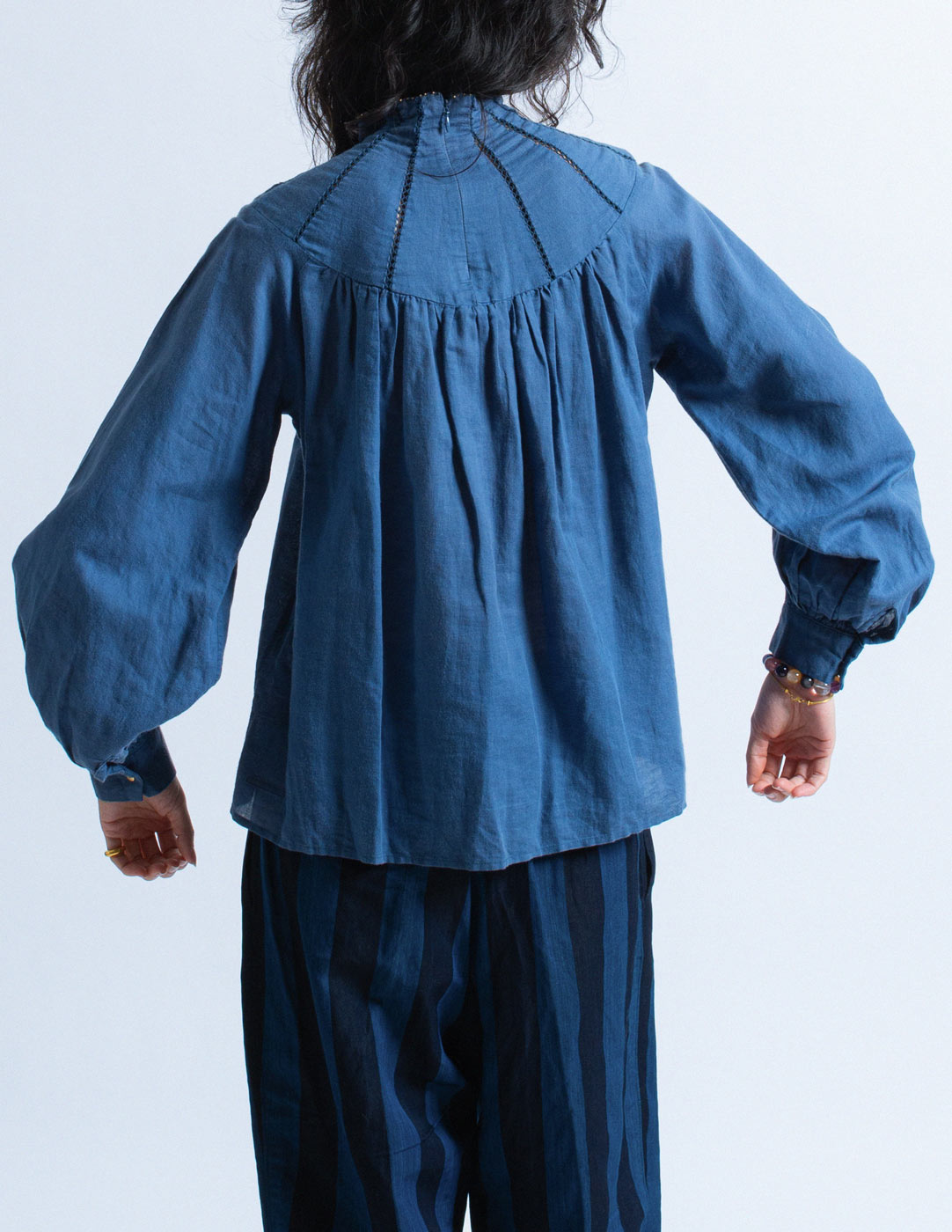 Kapital indigo blue smocked cotton linen blouse back detail