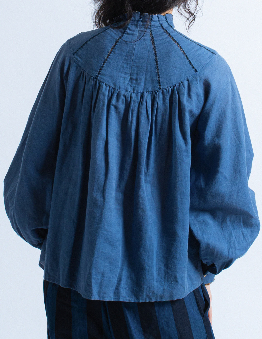 Kapital indigo blue smocked cotton linen blouse back detail
