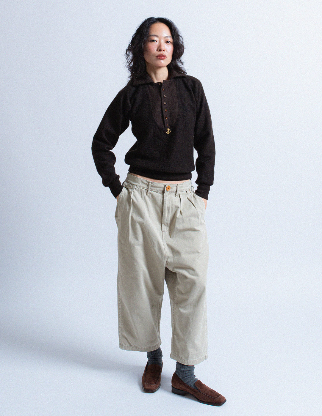 Kapital chocolate wool blend felted anchor pullover