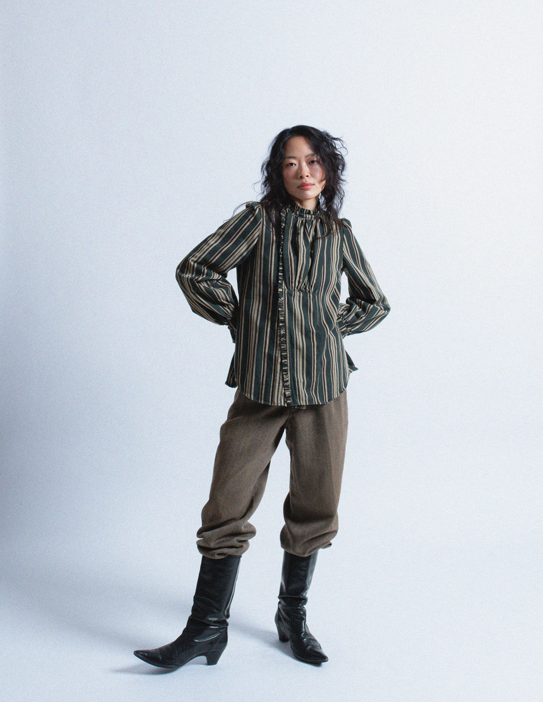 Kapital dark green striped ruffle top