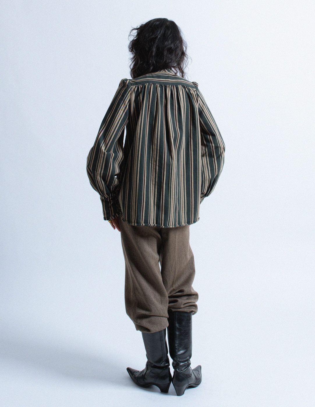 Kapital dark green striped ruffle top back view