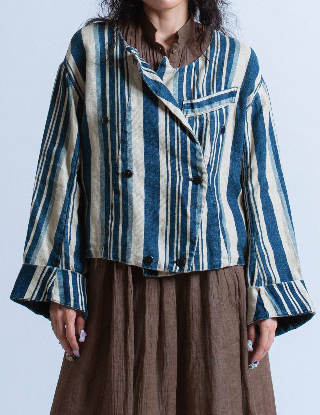 Kapital indigo and beige striped linen jacket detail