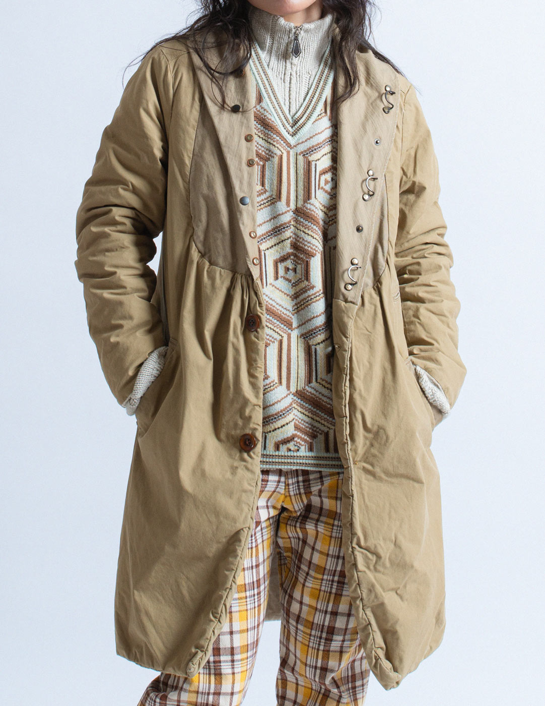 Kapital khaki quilted bib puffer coat front detail