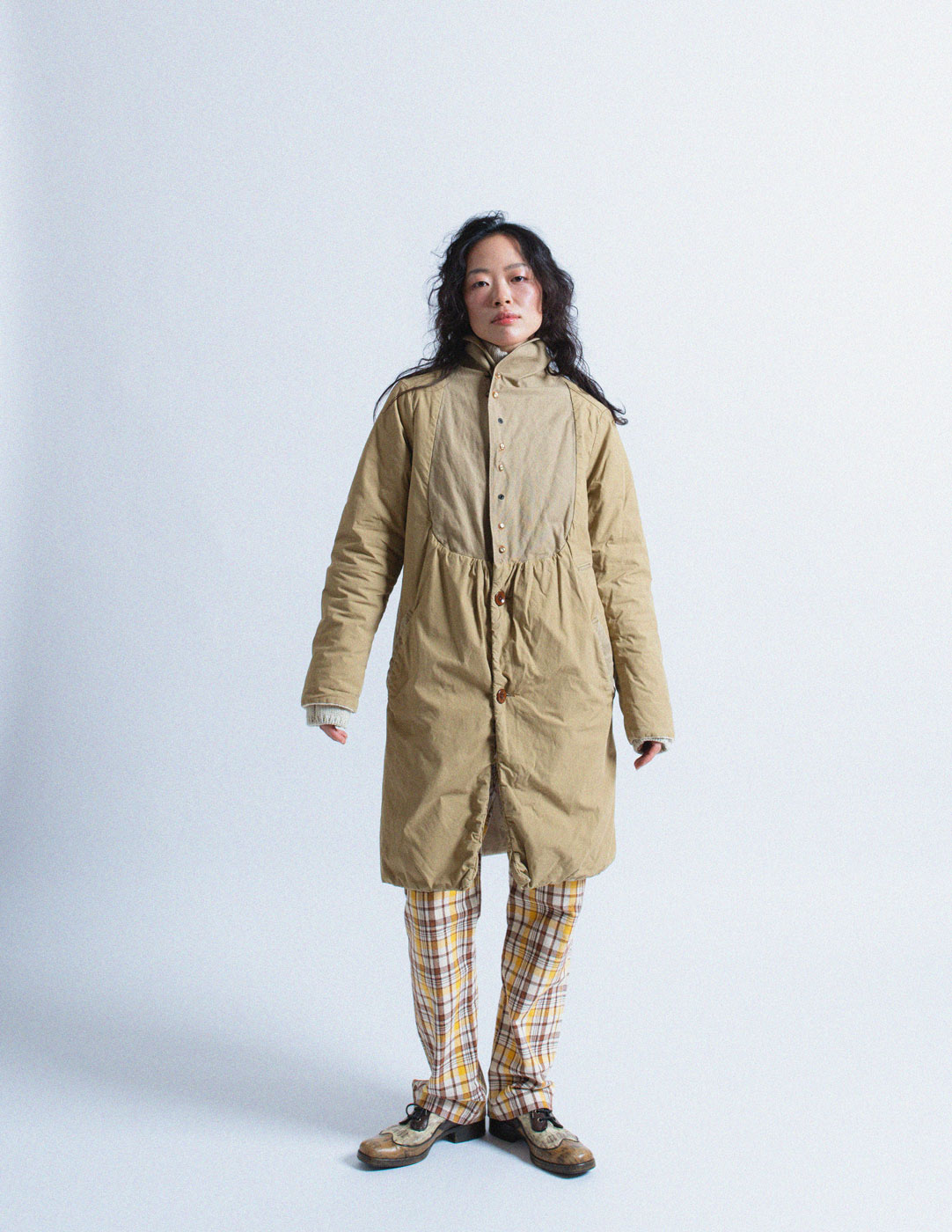 Kapital khaki quilted bib puffer coat