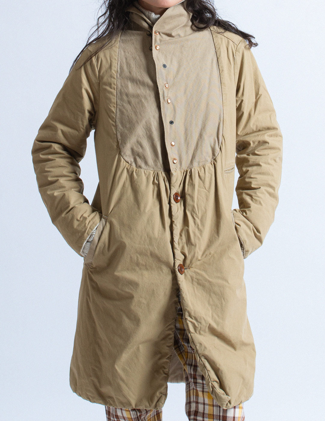 Kapital khaki quilted bib puffer coat detail