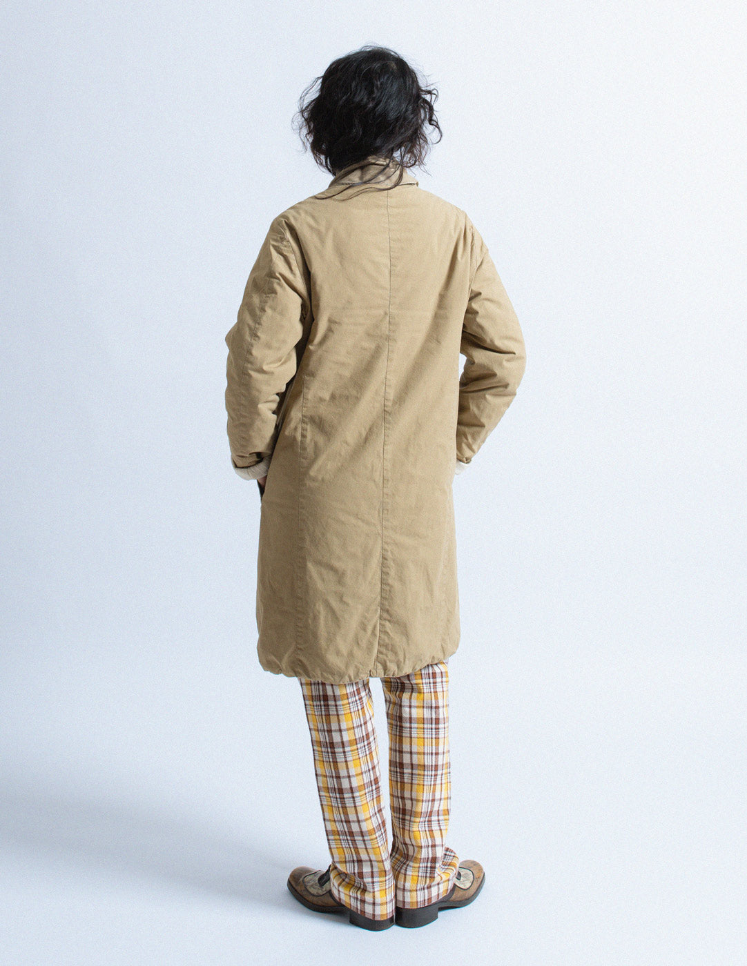 Kapital khaki quilted bib puffer coat back view