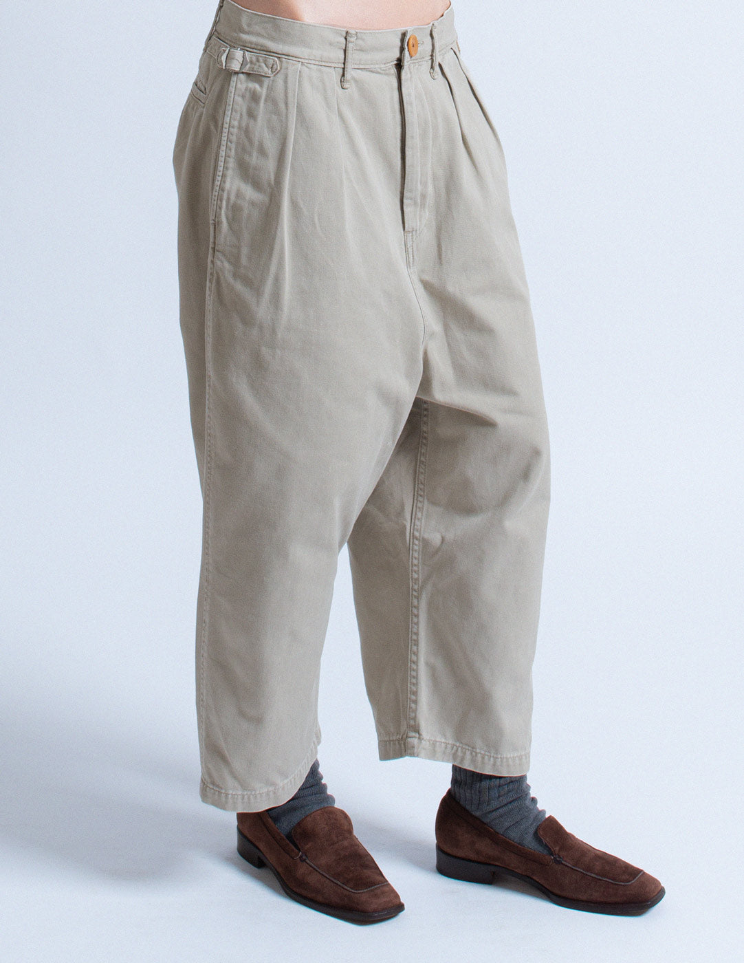 Kapital light khaki cotton work pants side detail