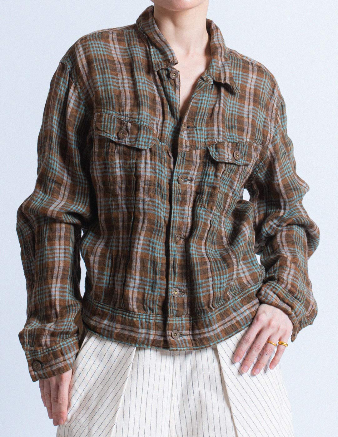 Kapital brown and turquoise plaid linen jacket front detail