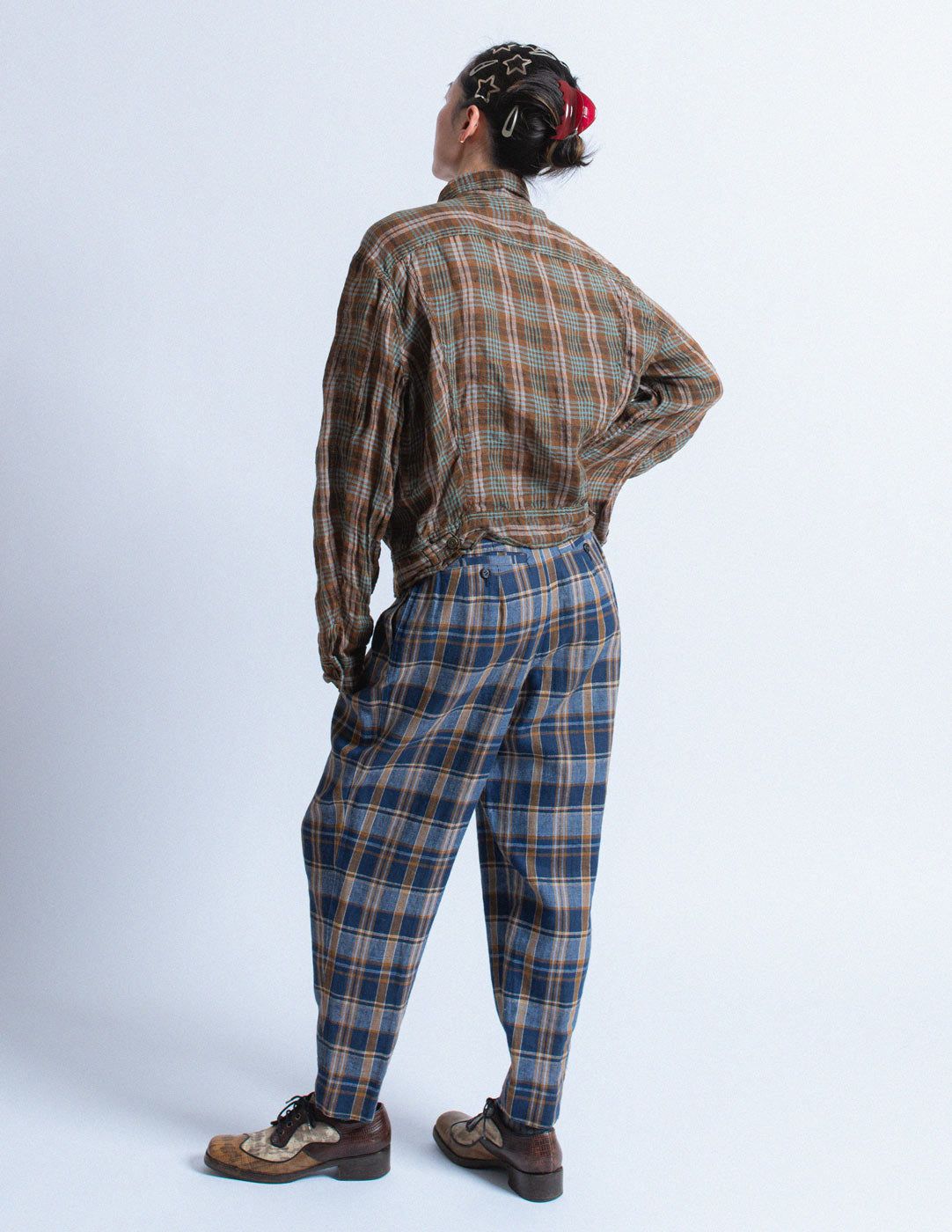 Kapital brown and turquoise plaid linen jacket back view