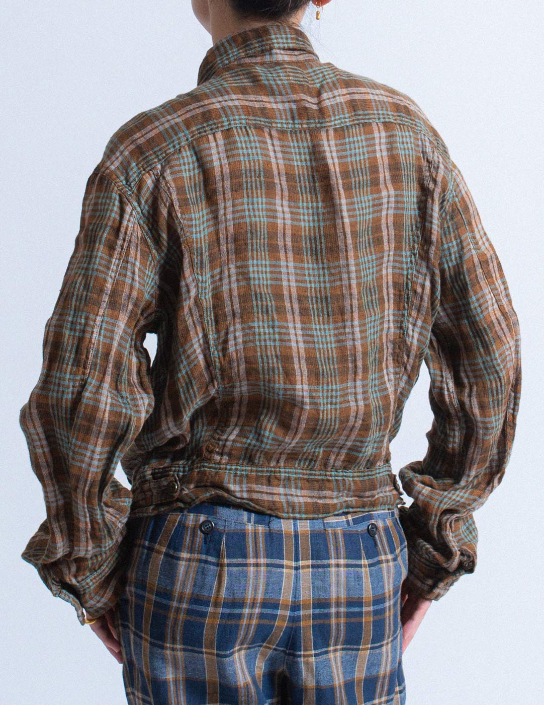 Kapital brown and turquoise plaid linen jacket back detail