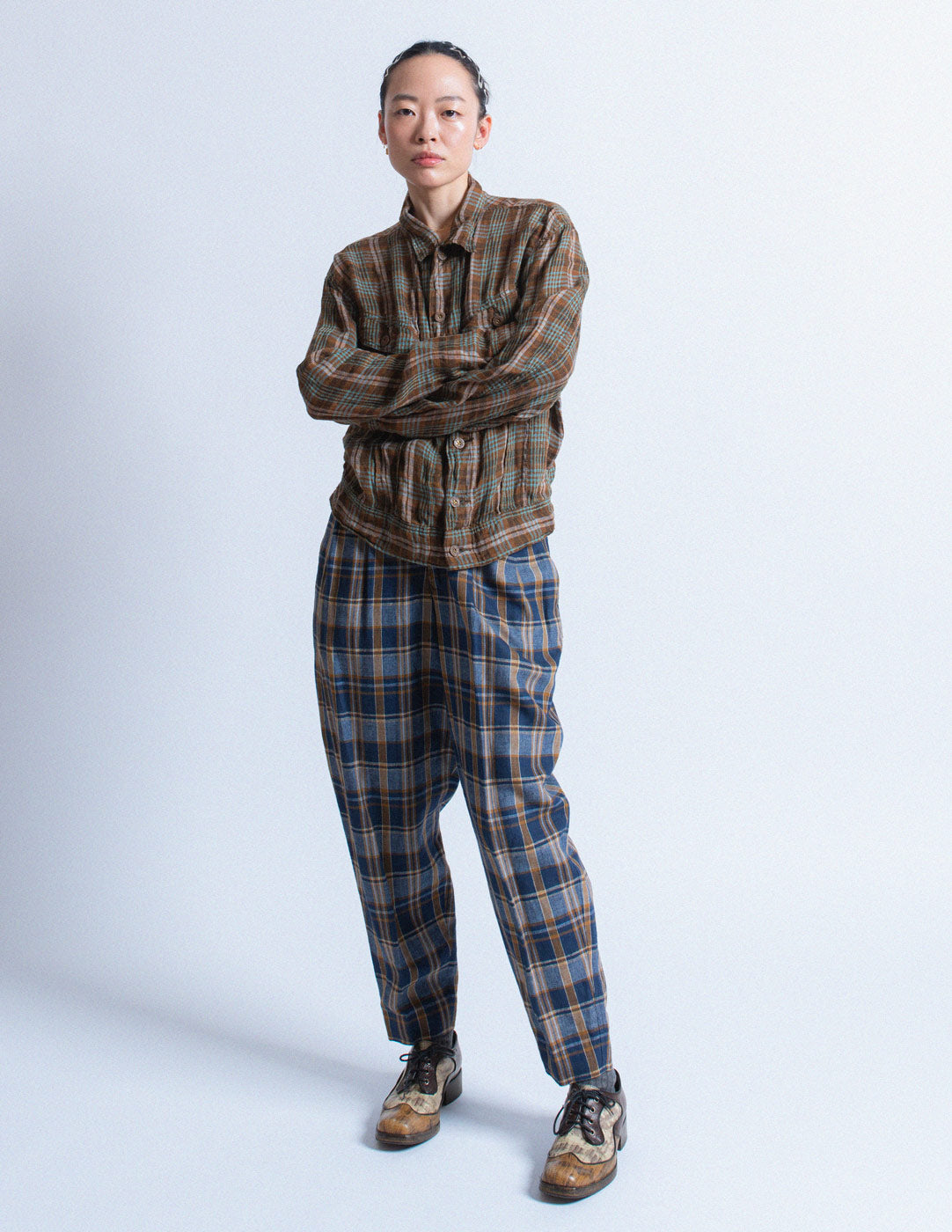 Kapital brown and turquoise plaid linen jacket