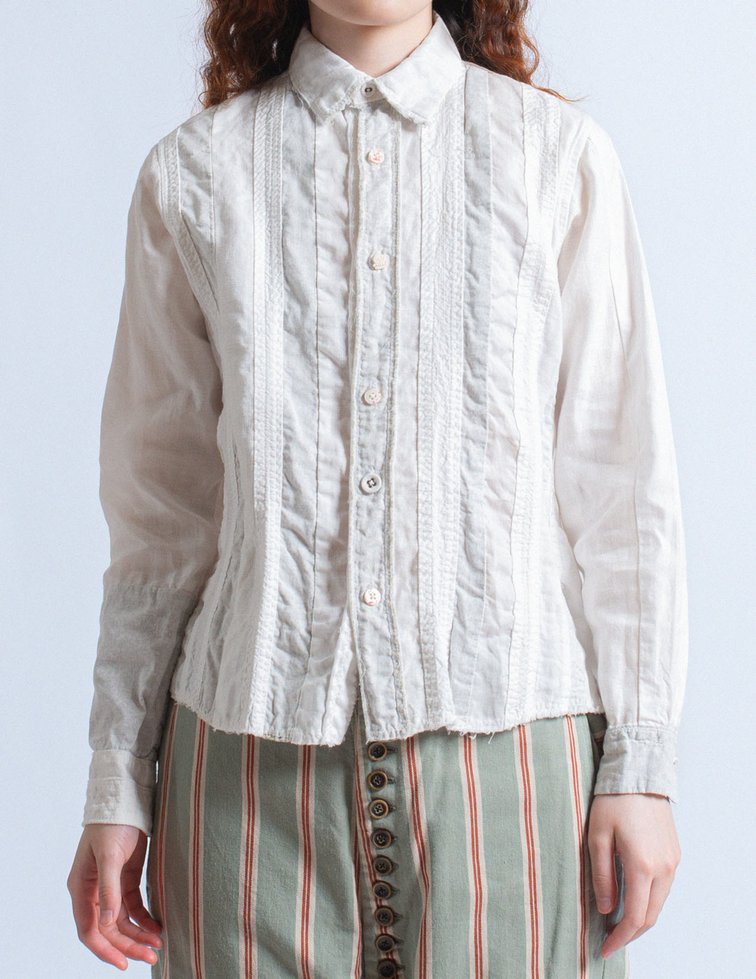Kapital ivory cotton linen masked floral patchwork shirt front detail
