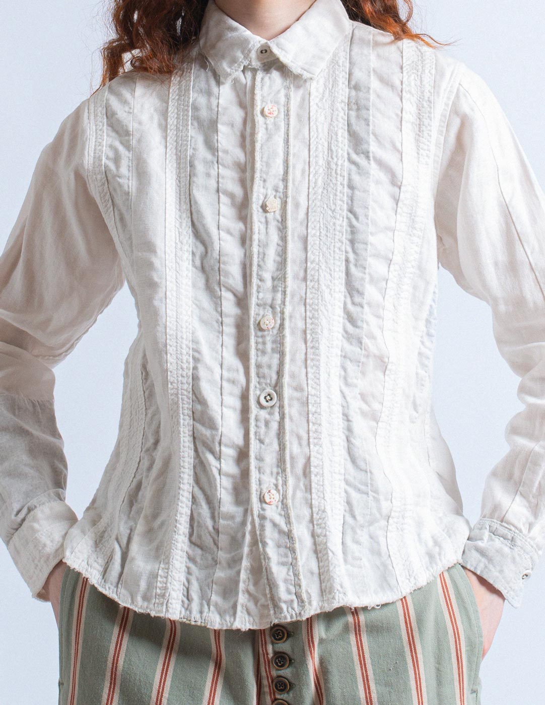 Kapital ivory cotton linen masked floral patchwork shirt detail