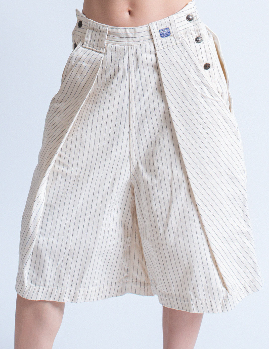 Kapital pinstripe wide-legged cotton shorts detail