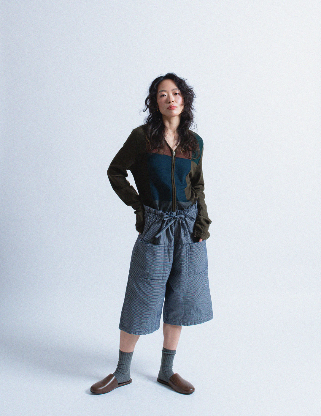 Issey Miyake navy pinstripe drawstring wide legged shorts