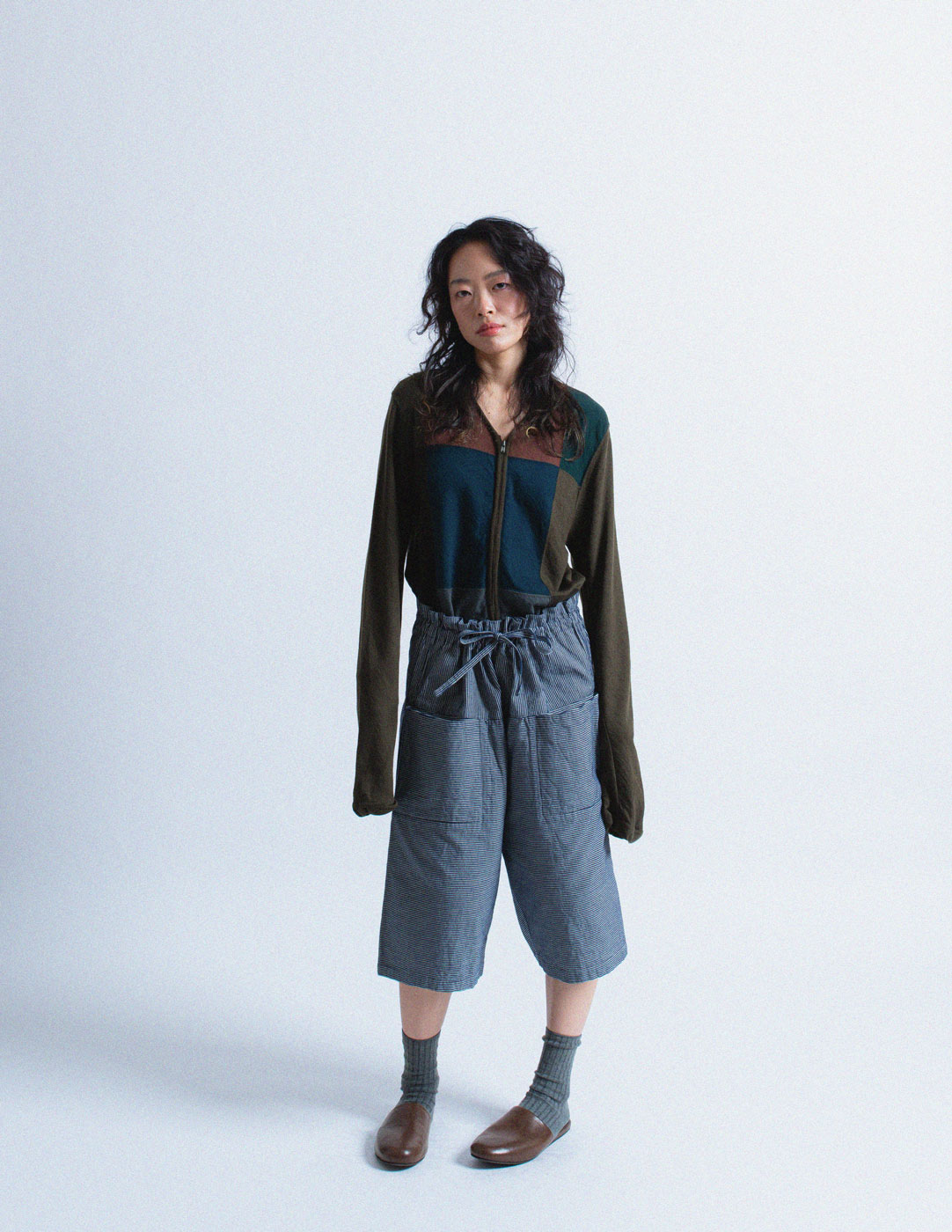 Issey Miyake navy pinstripe drawstring wide legged shorts