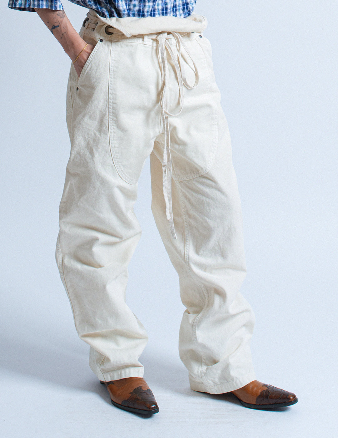 Kapital off white denim convertible overall side detail