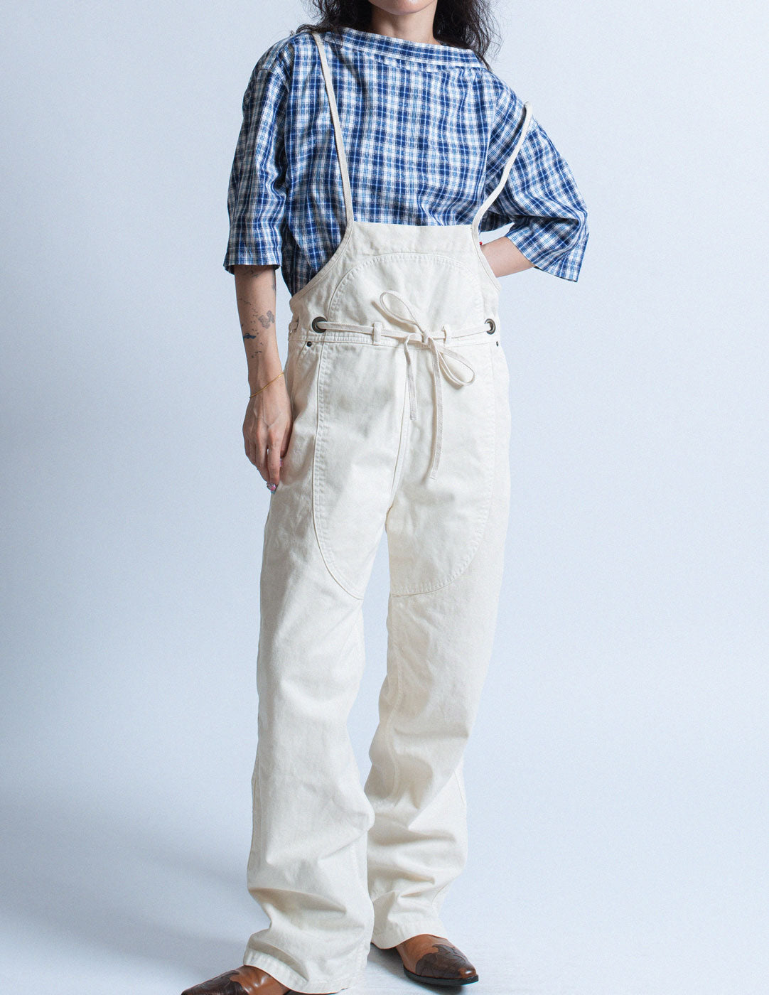 Kapital off white denim convertible overall front detail
