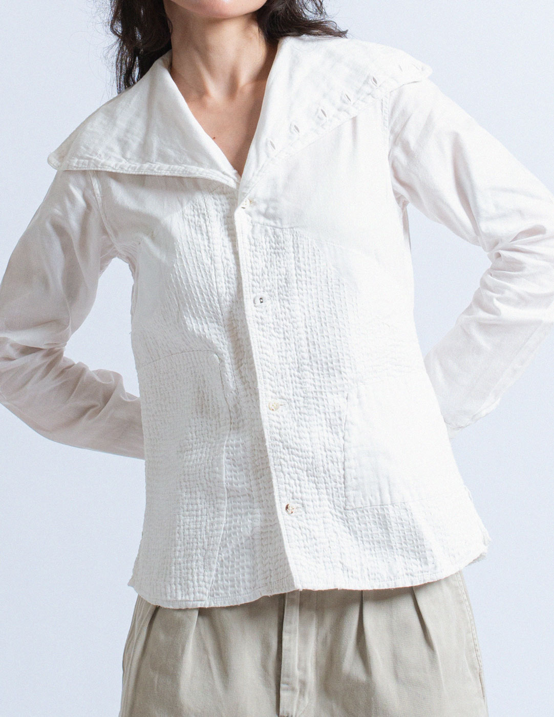 Kapital white collared shirt with stitching detail front view