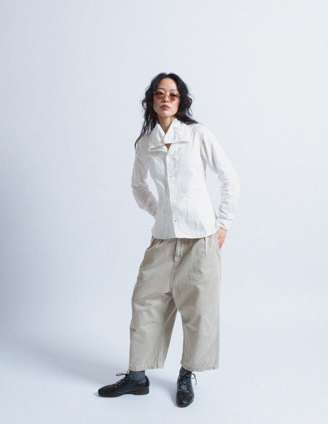 Kapital white collared shirt with stitching detail