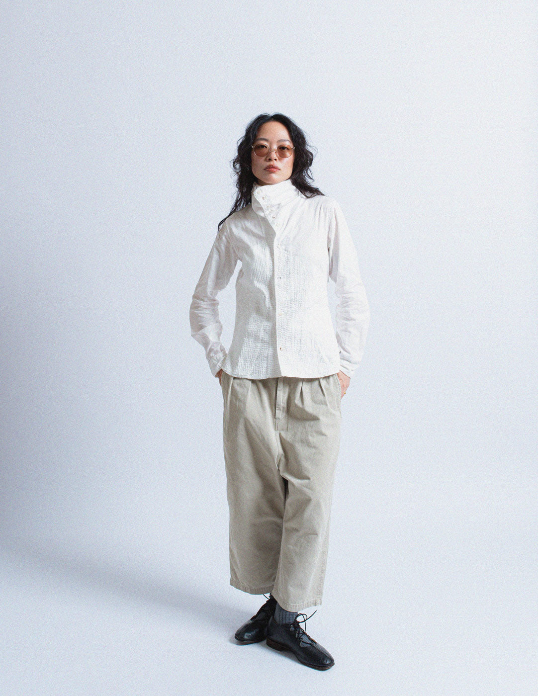 Kapital white collared shirt with stitching detail