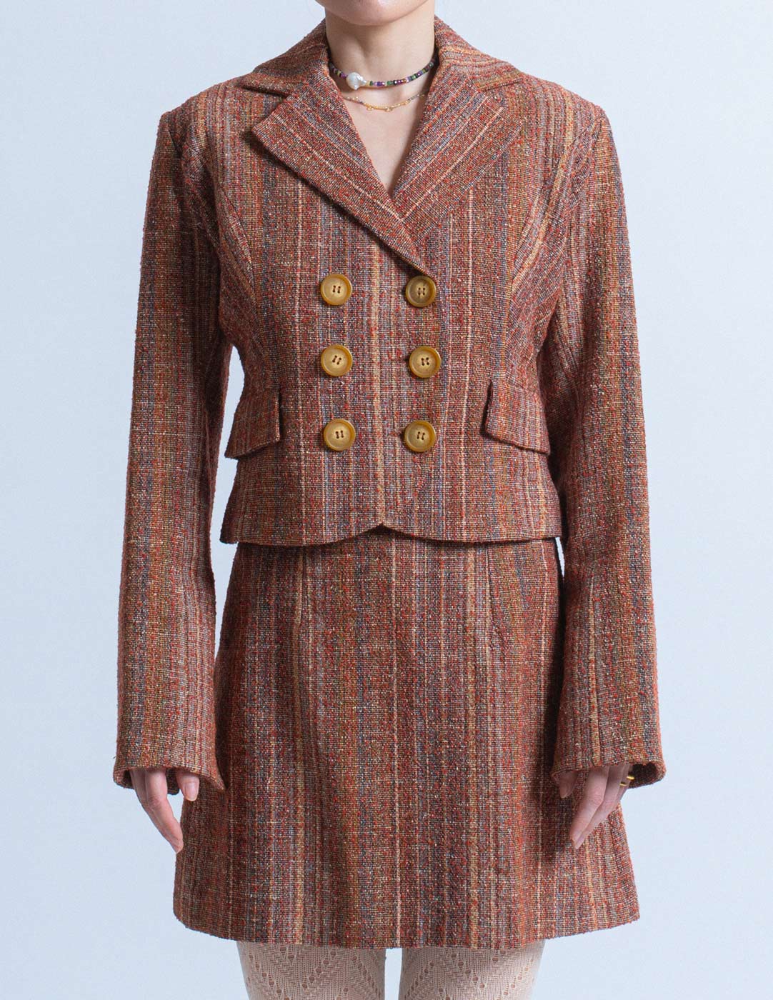 Christophe Lemaire vintage striped wool and silk blend skirt suit front detail