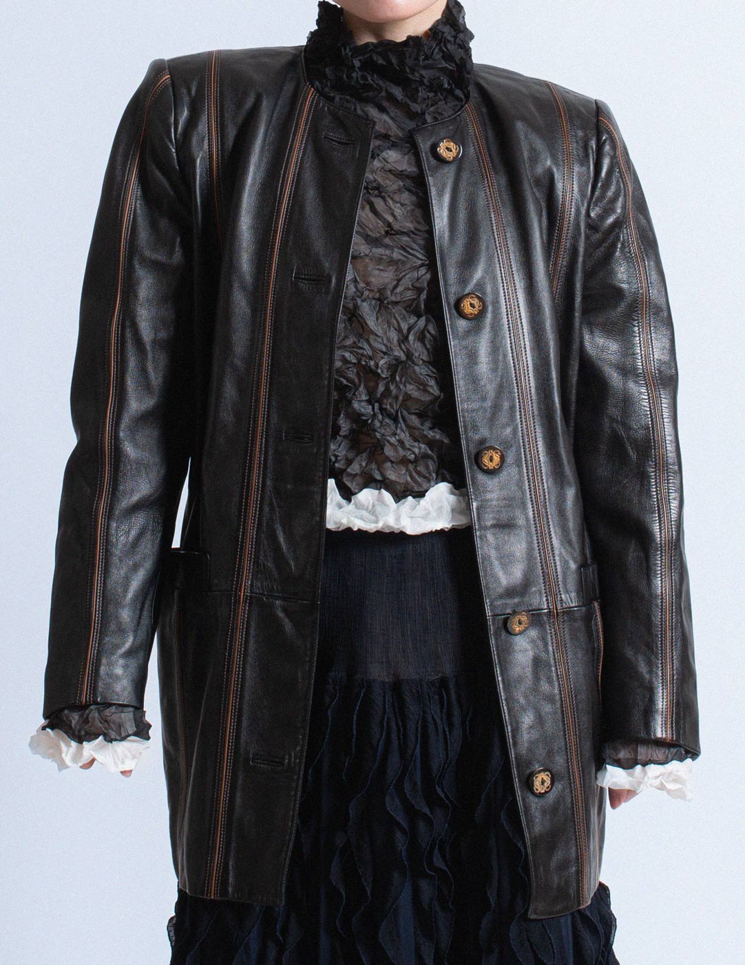 Loewe vintage collarless black striped leather jacket front detail