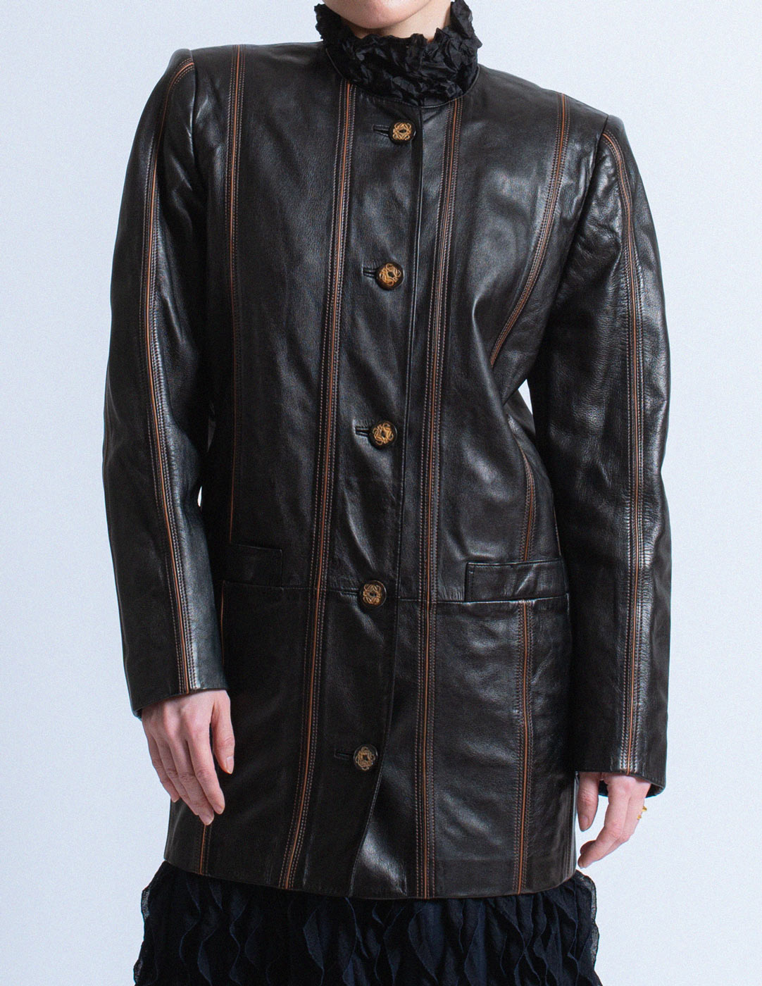 Loewe vintage collarless black striped leather jacket front detail