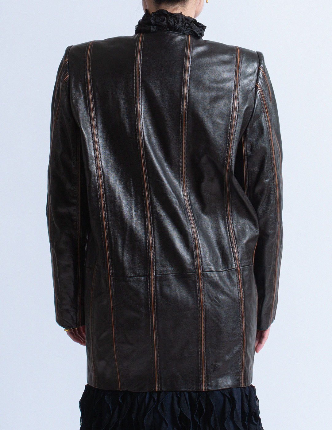 Loewe vintage collarless black striped leather jacket back detail