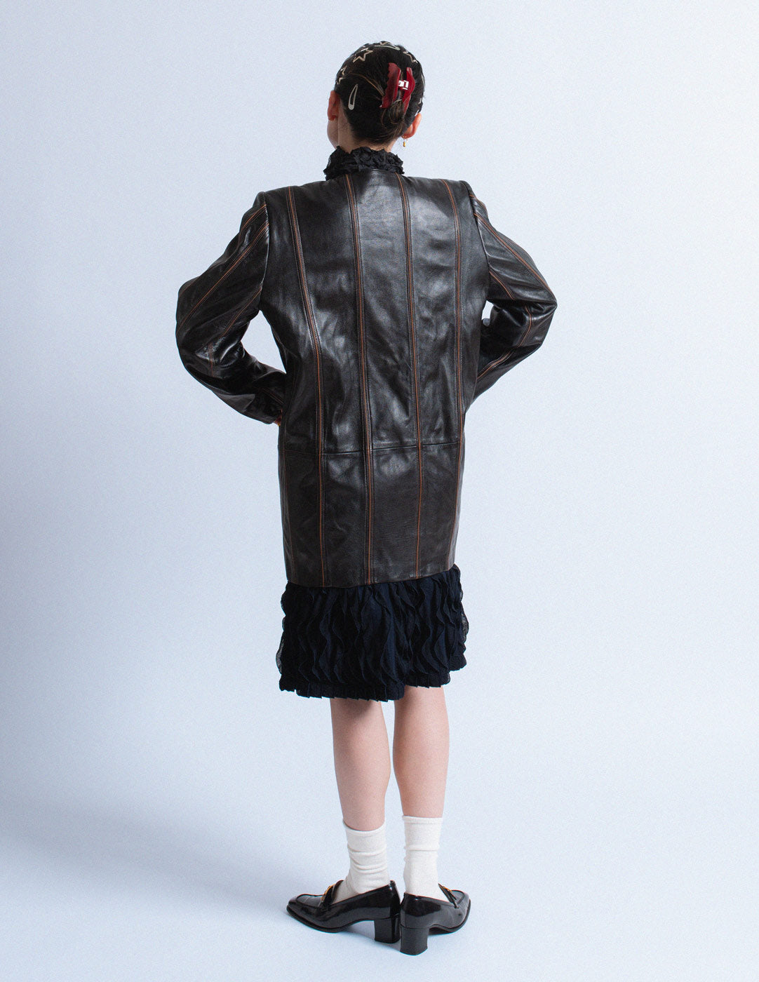Loewe vintage collarless black striped leather jacket back view