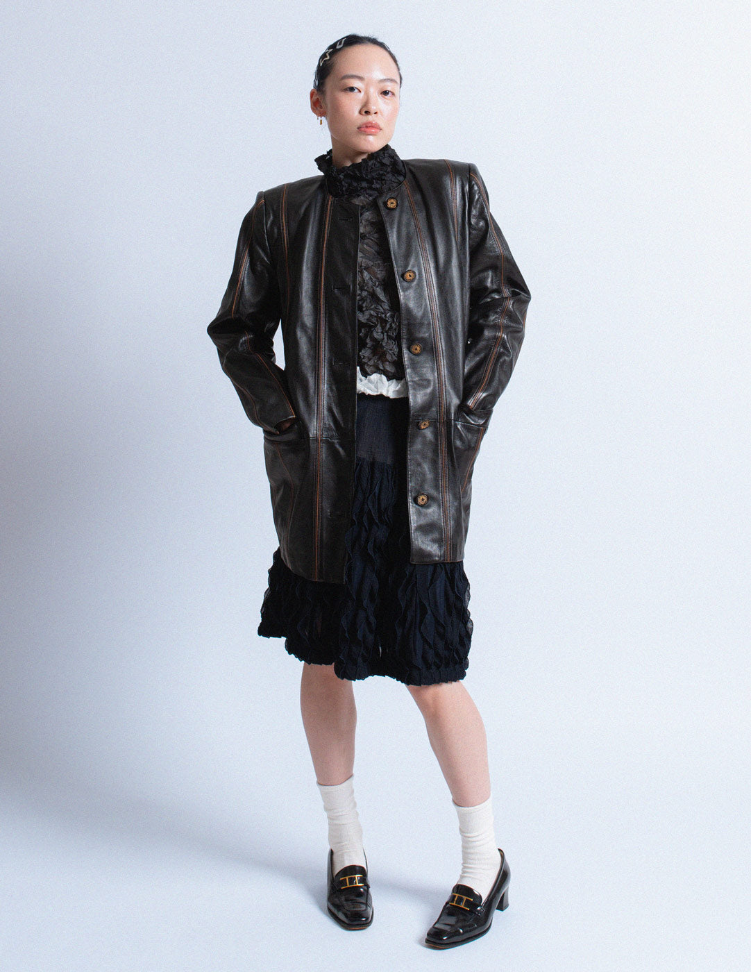 Loewe vintage collarless black striped leather jacket