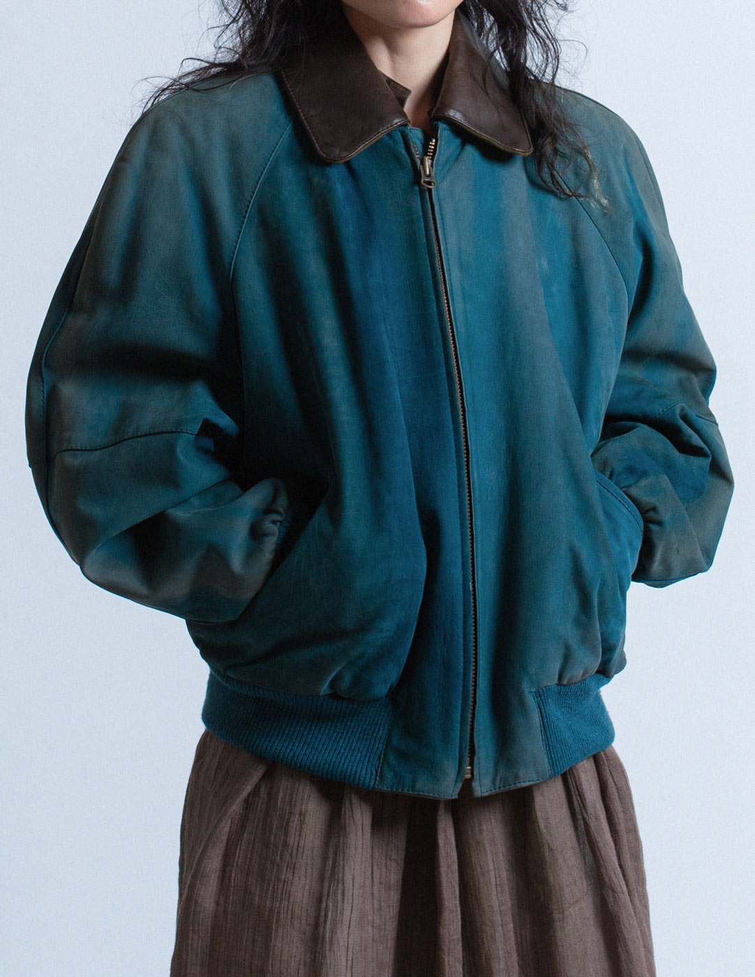 Loewe vintage teal wash leather bomber detail