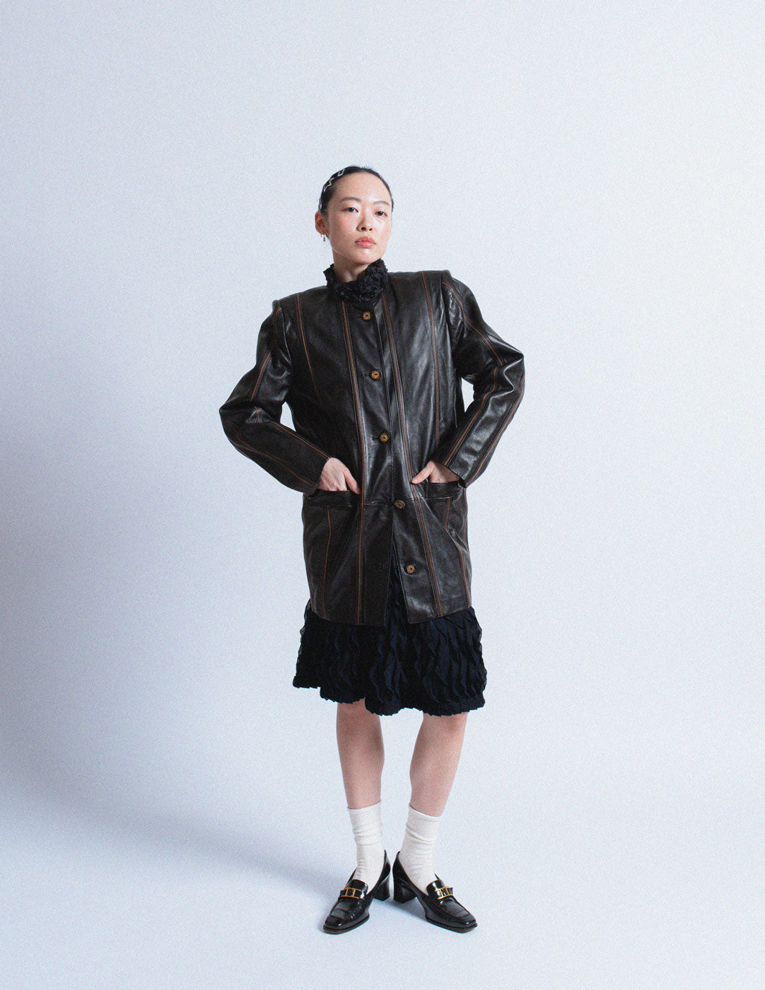 Loewe vintage collarless black striped leather jacket