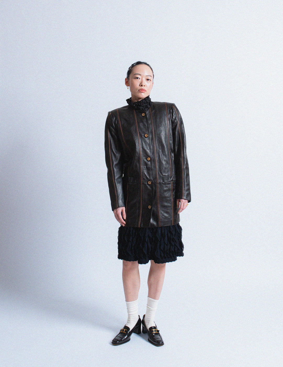 Loewe vintage collarless black striped leather jacket