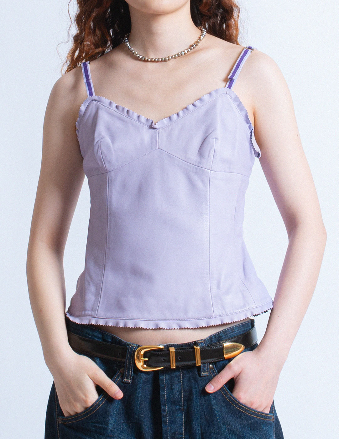 Miu Miu vintage lavender leather camisole and blazer set camisole front detail