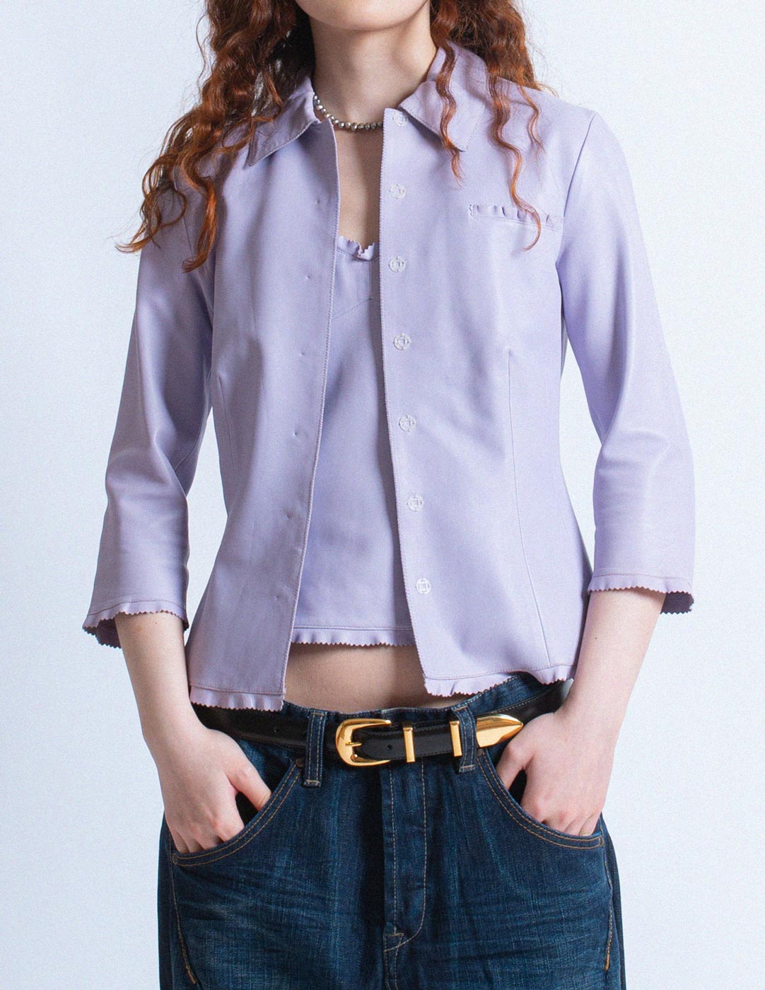 Miu Miu vintage lavender leather camisole and blazer set detail