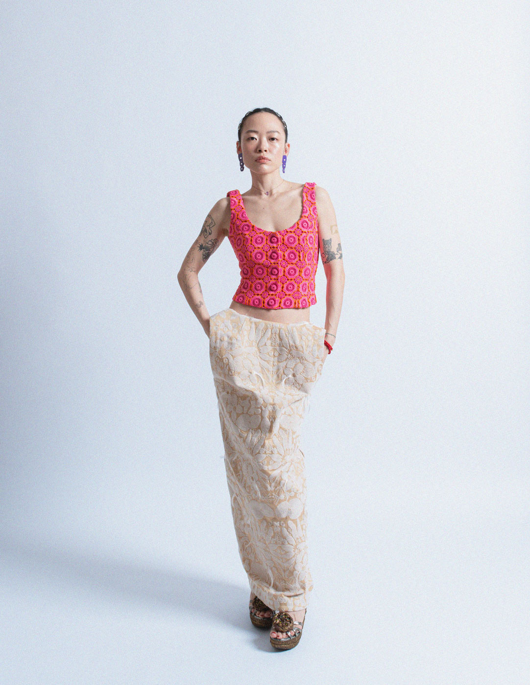 Moschino pink and orange crochet flower sleeveless top