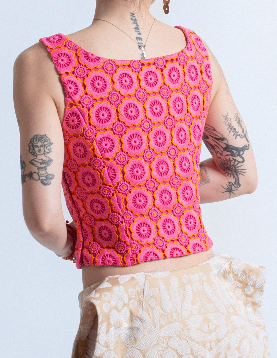 Moschino pink and orange crochet flower sleeveless top back detail