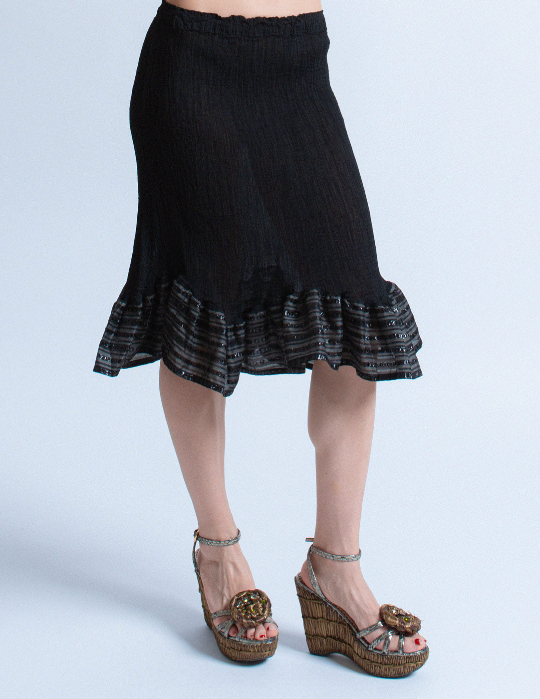 Issey Miyake me black pleated skirt with striped ruffle trim detail