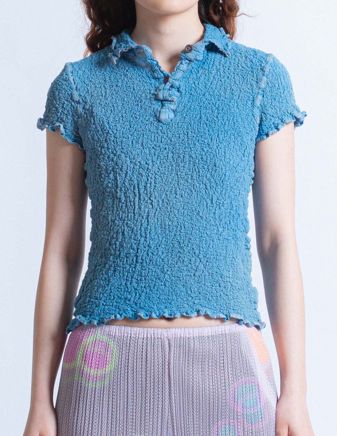 blue crinkled pleated polo