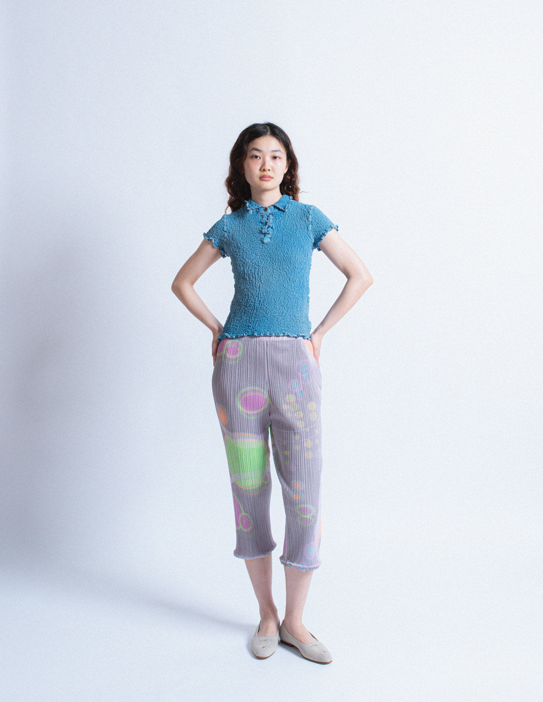 blue crinkled pleated polo