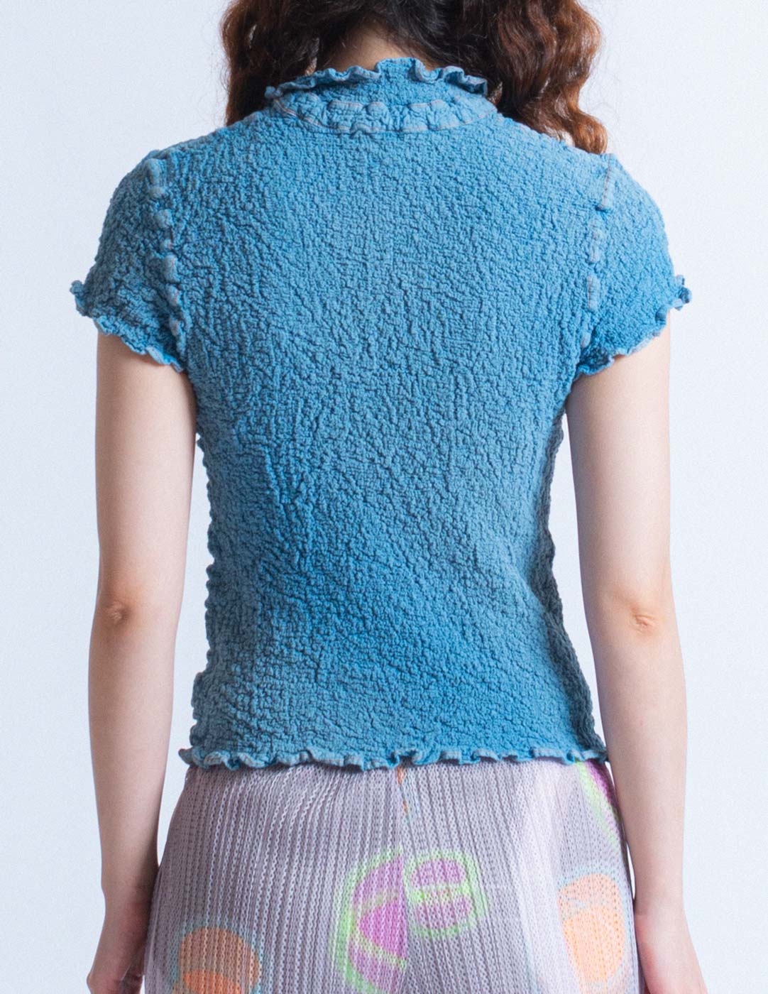 blue crinkled pleated polo