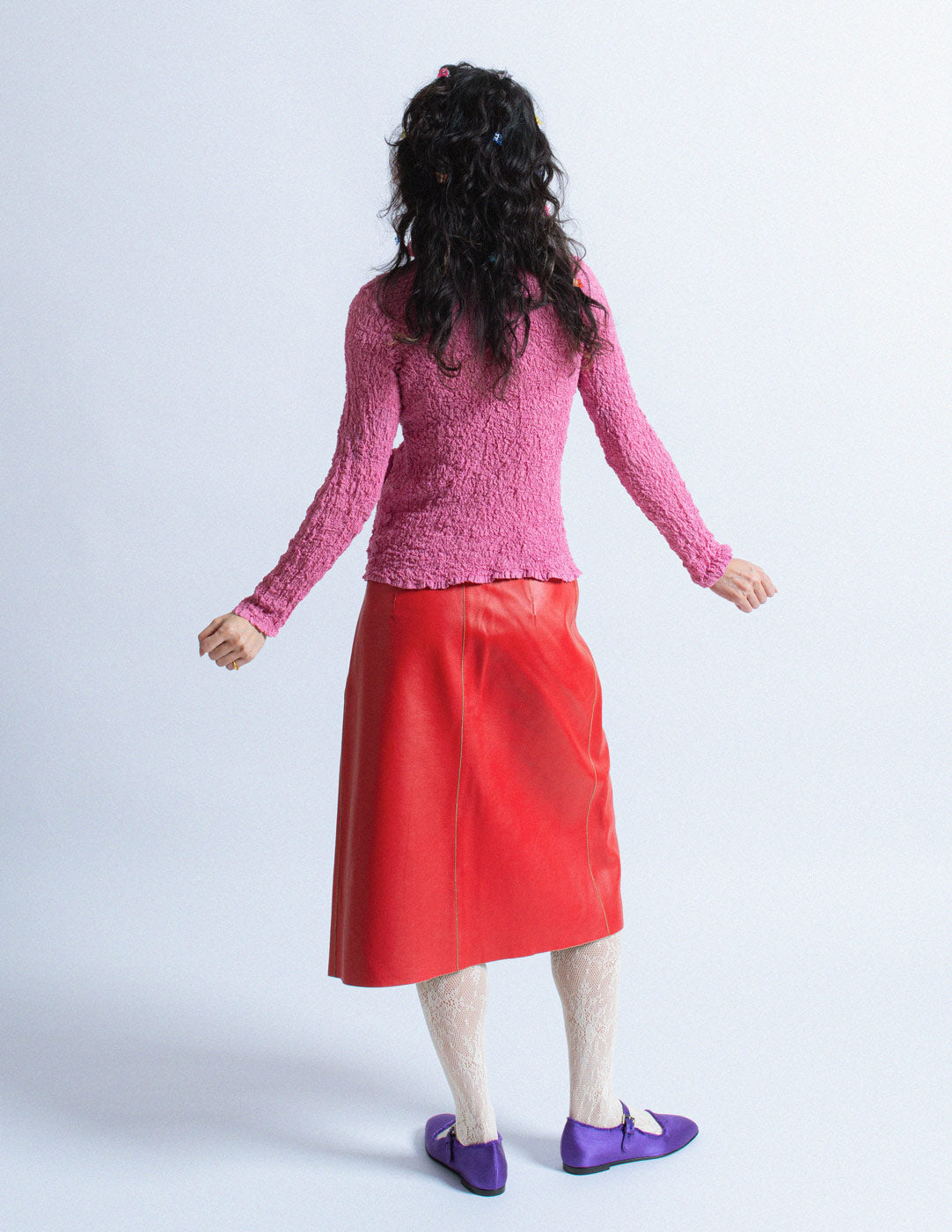 Issey Miyake pink and dotted crinkled button down back view