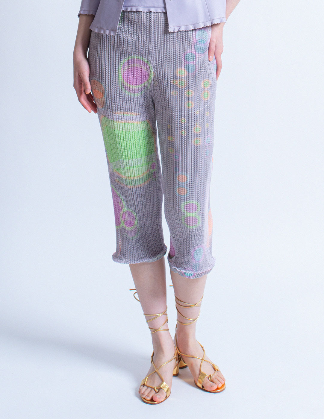 Pleats Please vintage lavender planet pleated layered capri front detail