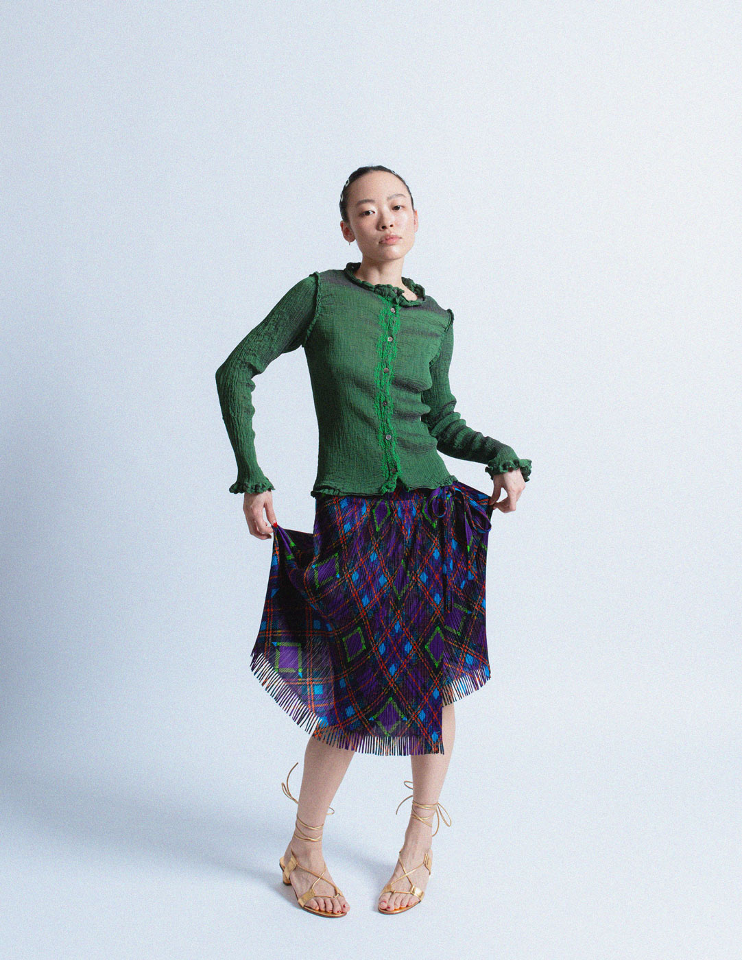 Pleats Please vintage purple tartan wrap skirt with fringe trim