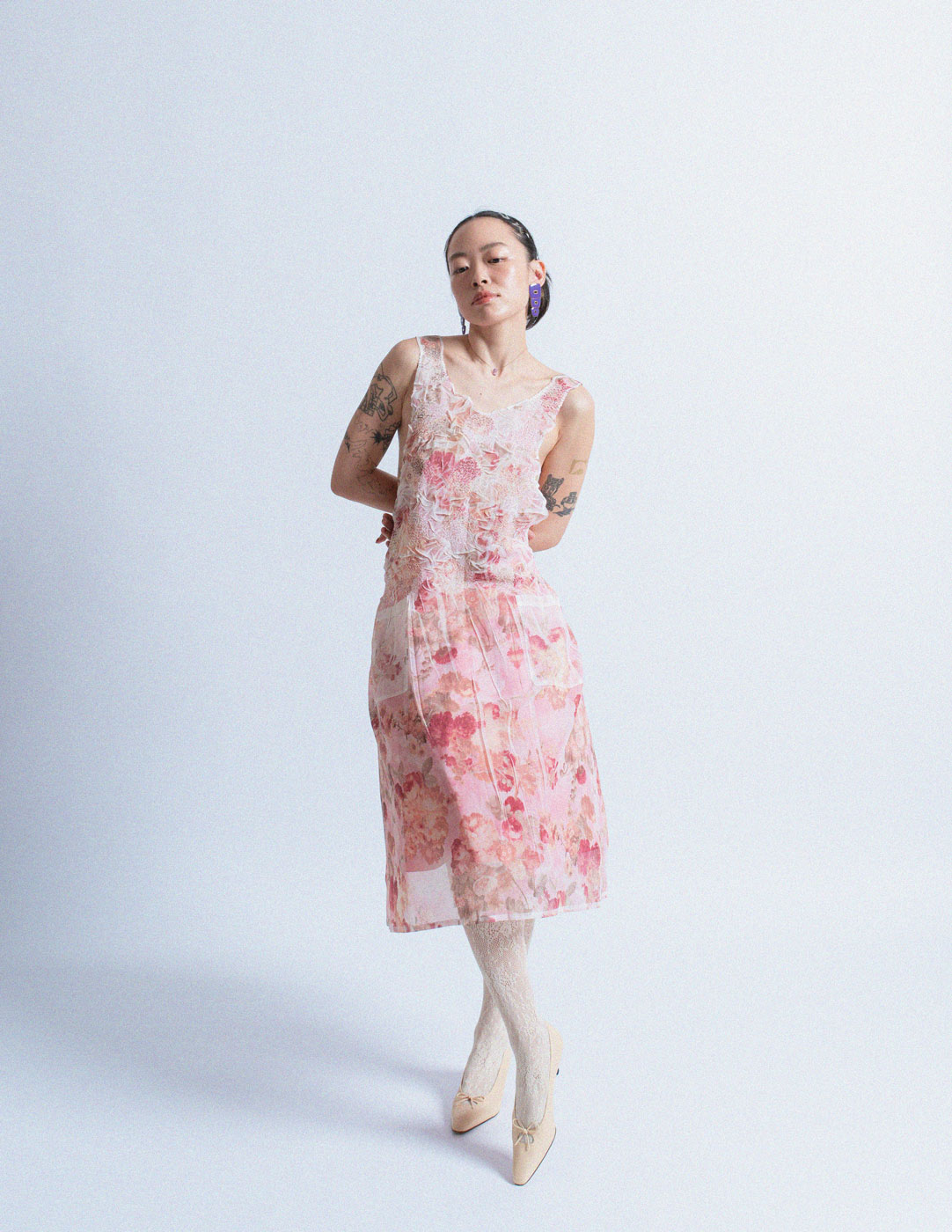 Yoshiki Hishinuma Peplum sheer rose print apron dress