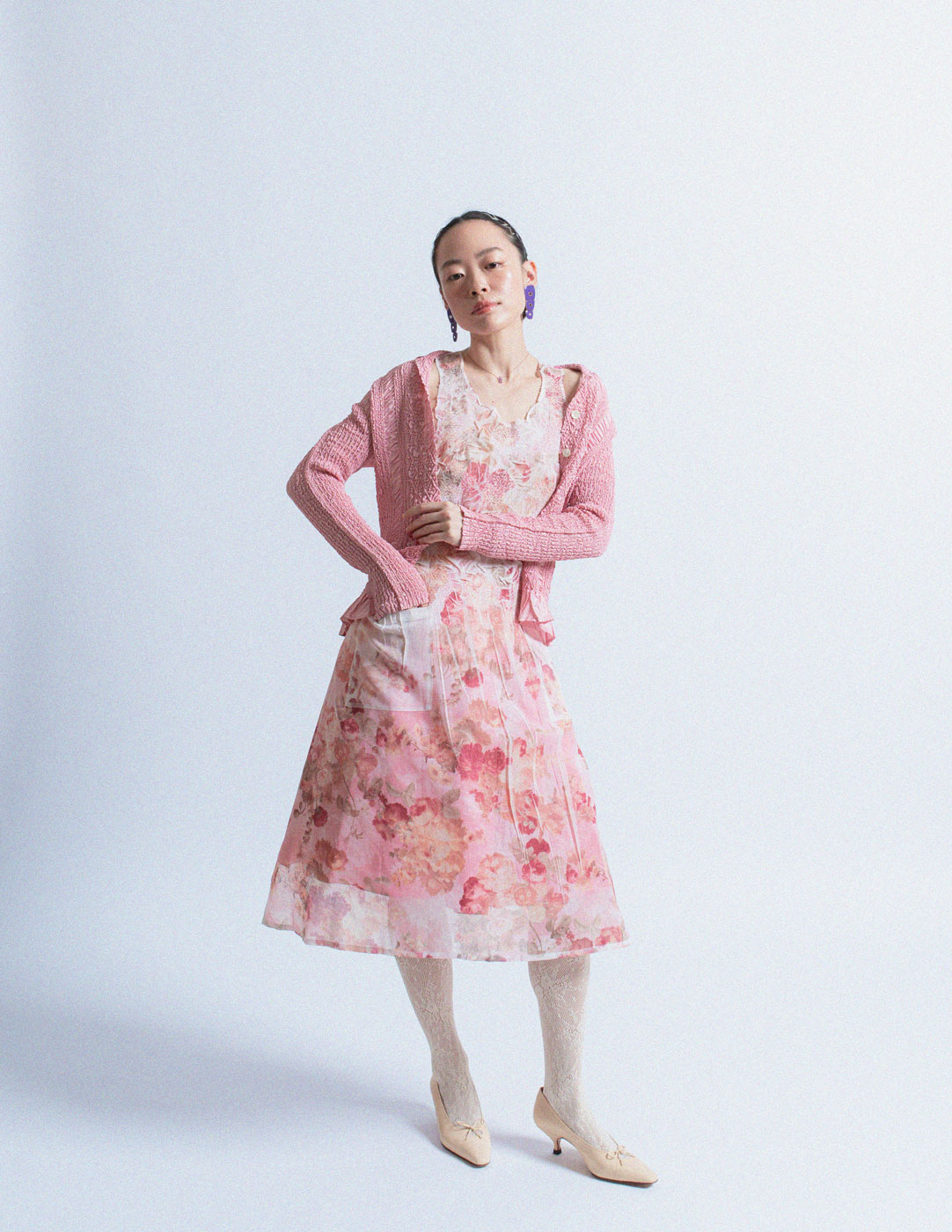 Yoshiki Hishinuma Peplum pink crinkled button-up top