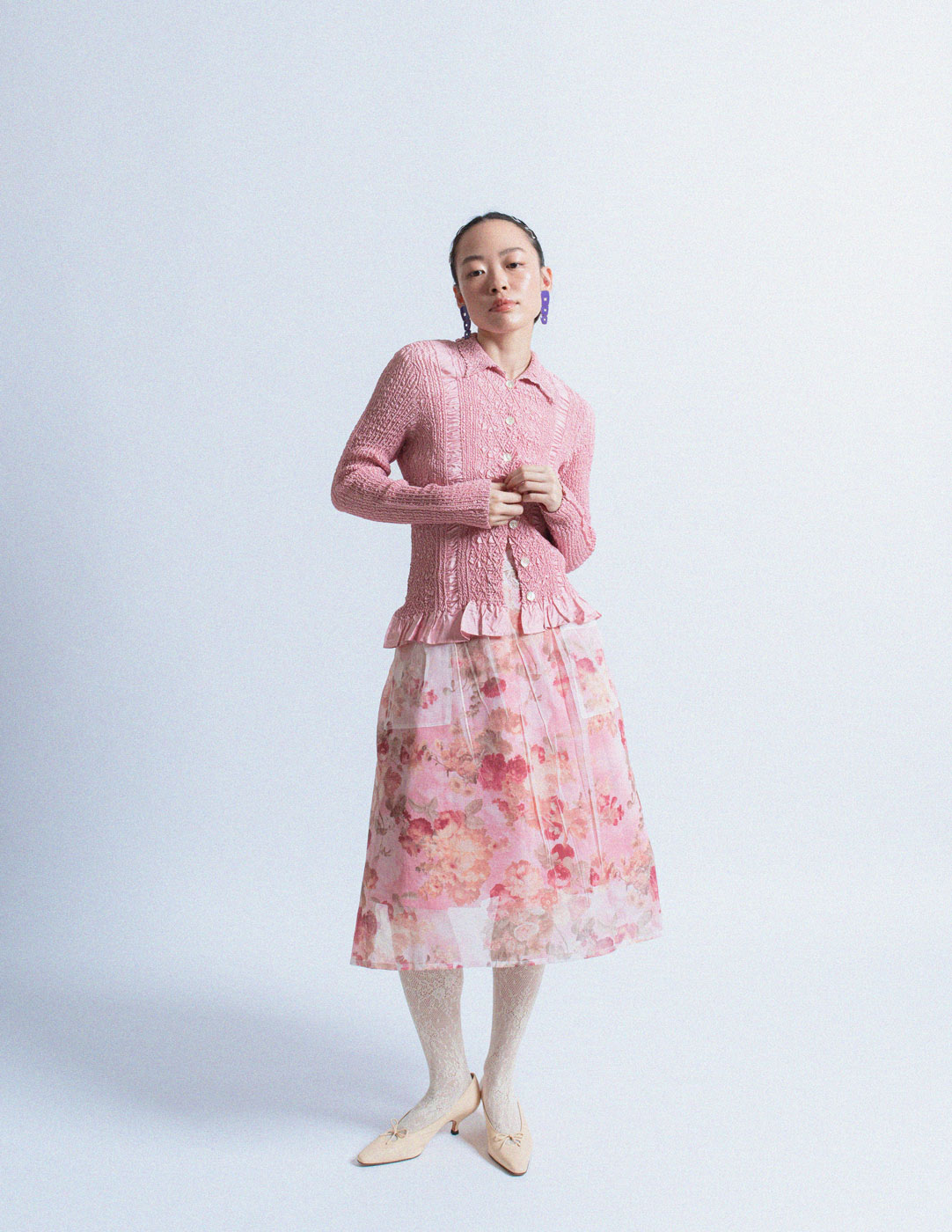 Yoshiki Hishinuma Peplum pink crinkled button-up top